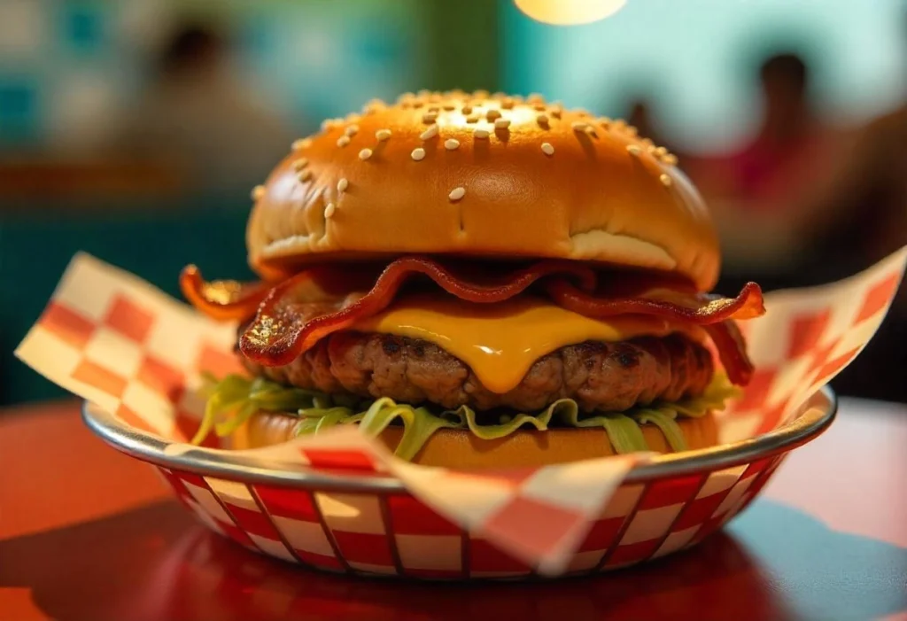 A smashburger with crispy bacon, melted cheese, and a drizzle of secret sauce