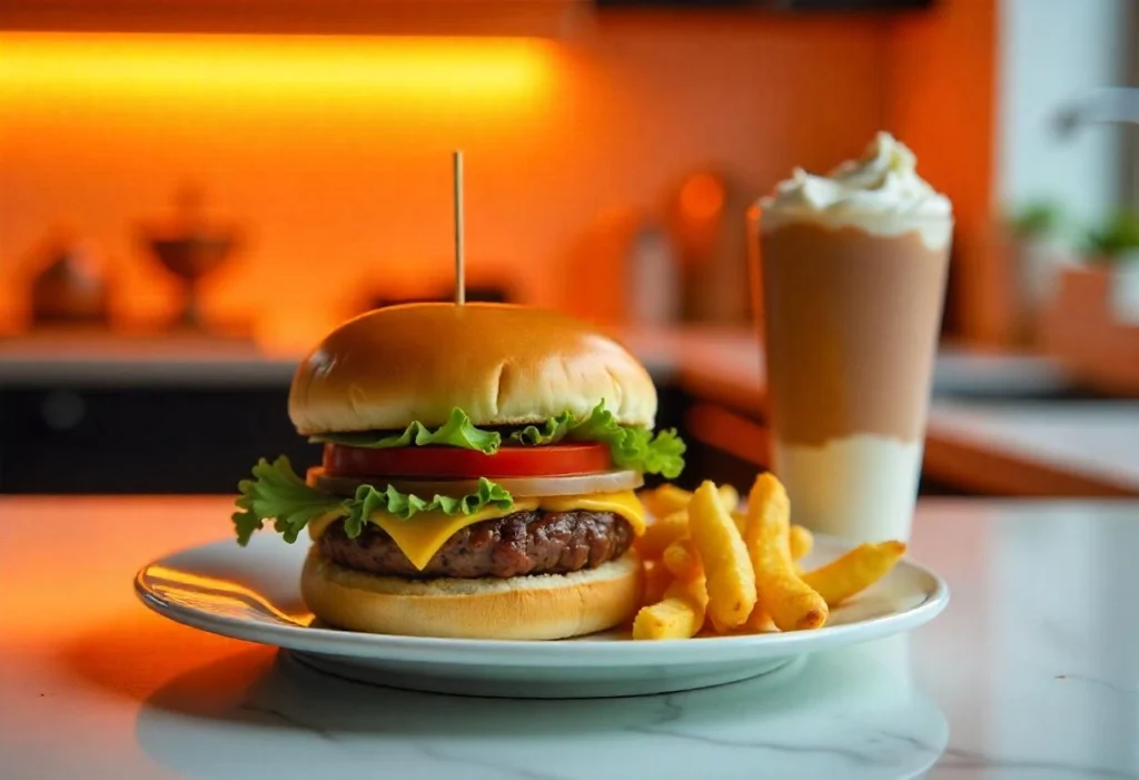 A smashburger served with crispy fries and a chocolate milkshake on the side