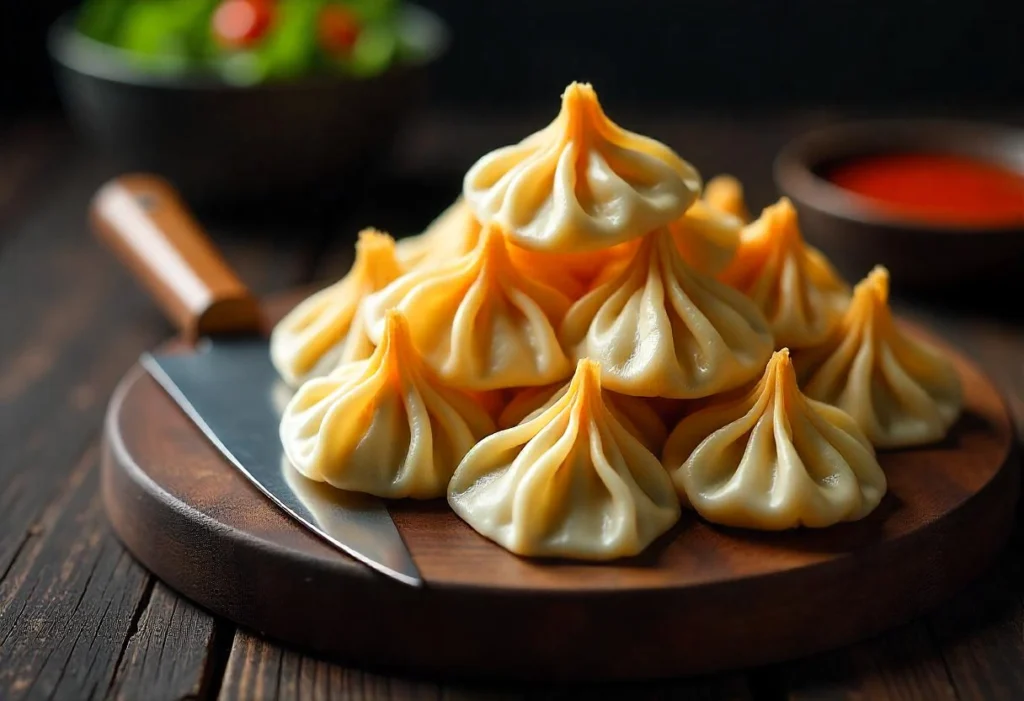 Freshly wrapped wontons on a wooden board, ready to be cooked for wonton soup