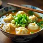 A steaming bowl of homemade wonton soup with dumplings, bok choy, and green onions