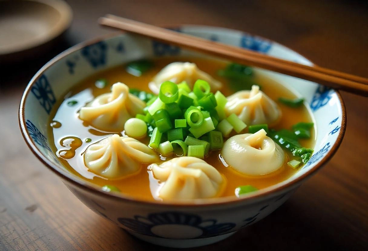 A steaming bowl of homemade wonton soup with dumplings, bok choy, and green onions