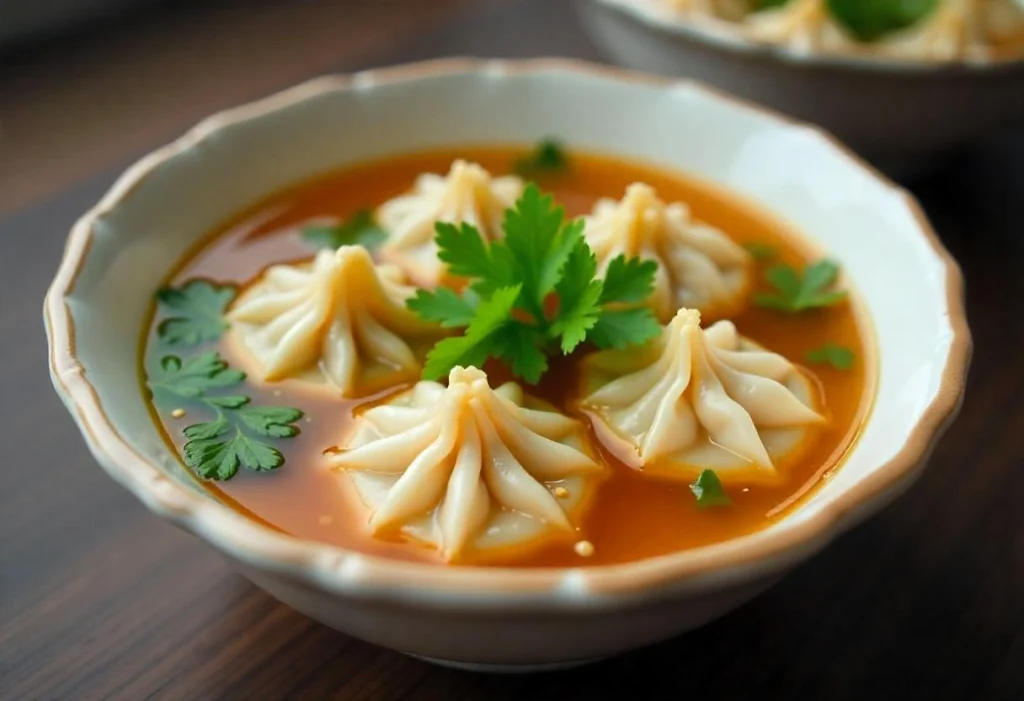 Close-up of delicate wontons in a clear, flavorful broth garnished with cilantro and sesame seeds