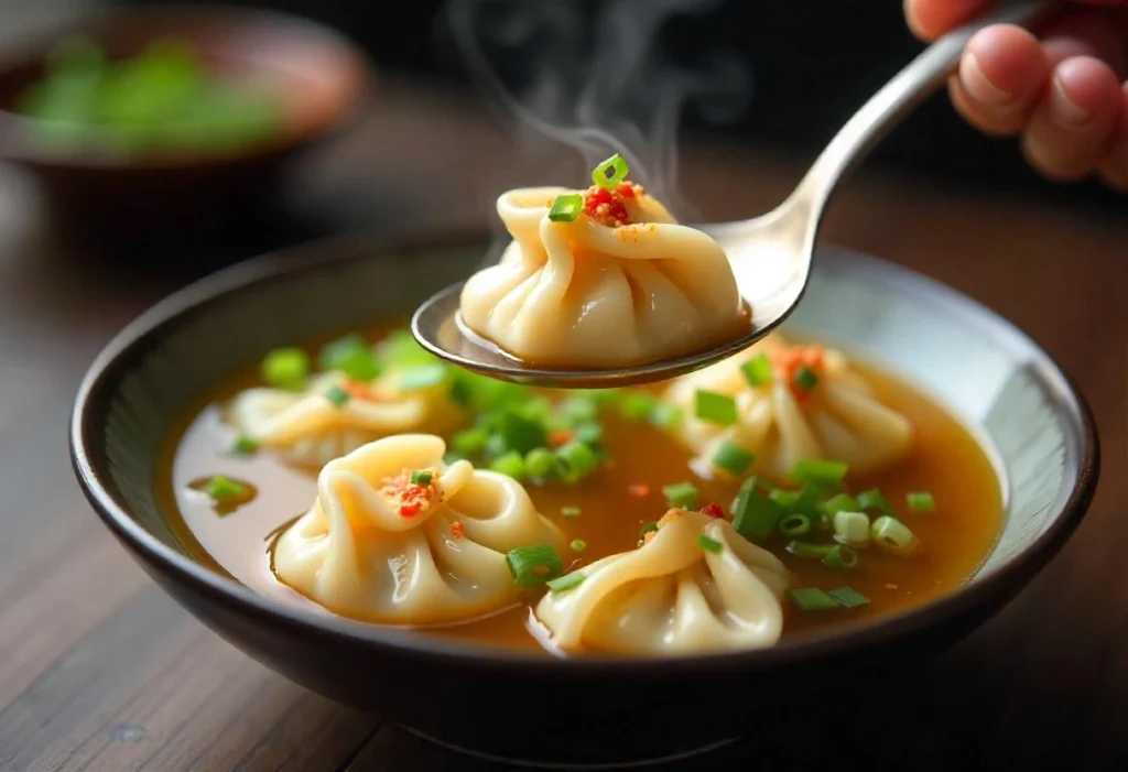 A spoon lifting a plump wonton from a bowl of hot soup with chili oil drizzled on top