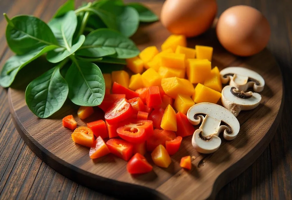 Chopped bell peppers, spinach, mushrooms, and eggs on a wooden cutting board, ready to make a vegetable frittata