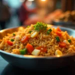 A bowl of classic fried rice with vegetables, eggs, and soy sauce