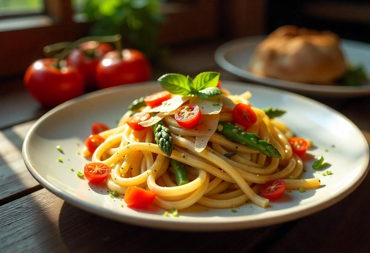 A plate of colorful Pasta Primavera with fresh vegetables and parmesan cheese