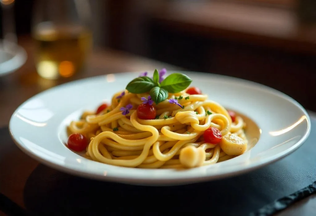 A creamy Pasta Primavera dish served on a white plate with basil garnish