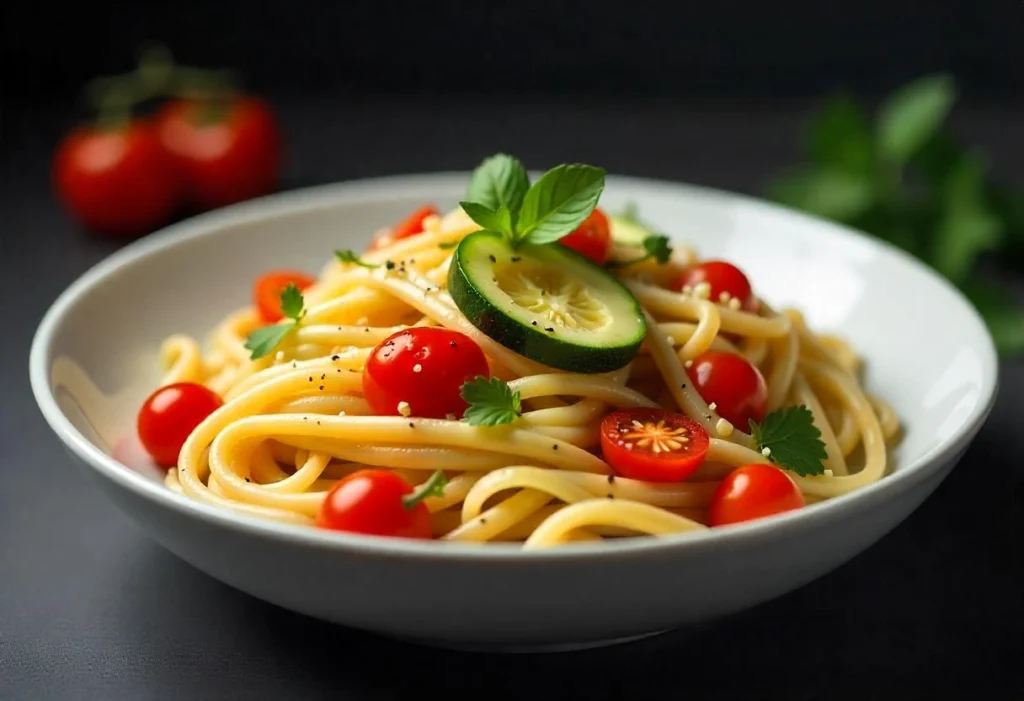 A bowl of light Pasta Primavera with cherry tomatoes, zucchini, and bell peppers