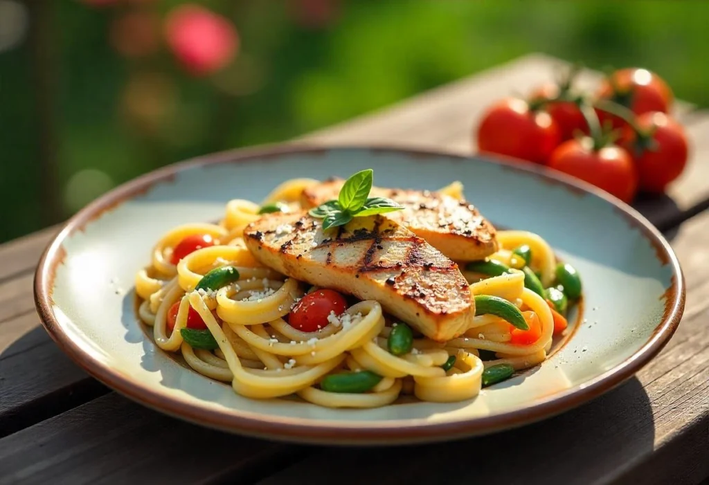 A hearty Pasta Primavera with grilled chicken and parmesan on a rustic plate