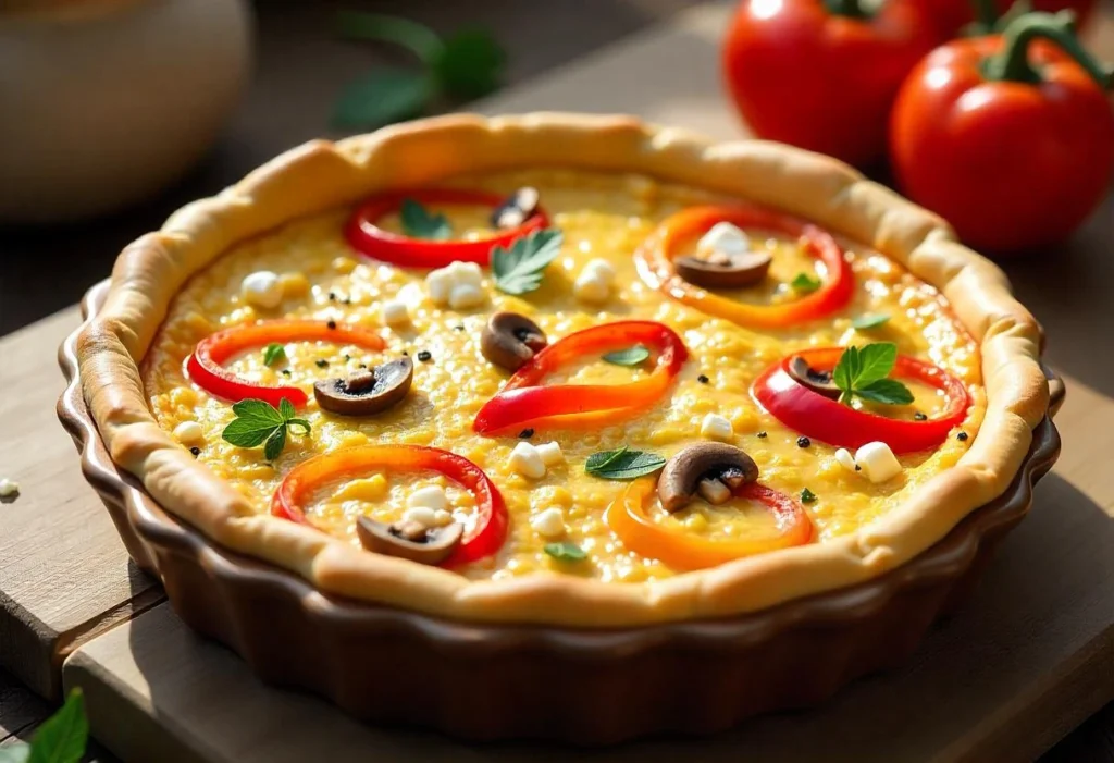 A crustless quiche filled with bell peppers, mushrooms, and feta cheese in a baking dish