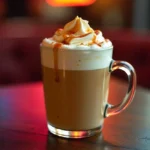 A caramel macchiato in a clear glass mug, topped with frothy milk and caramel drizzle