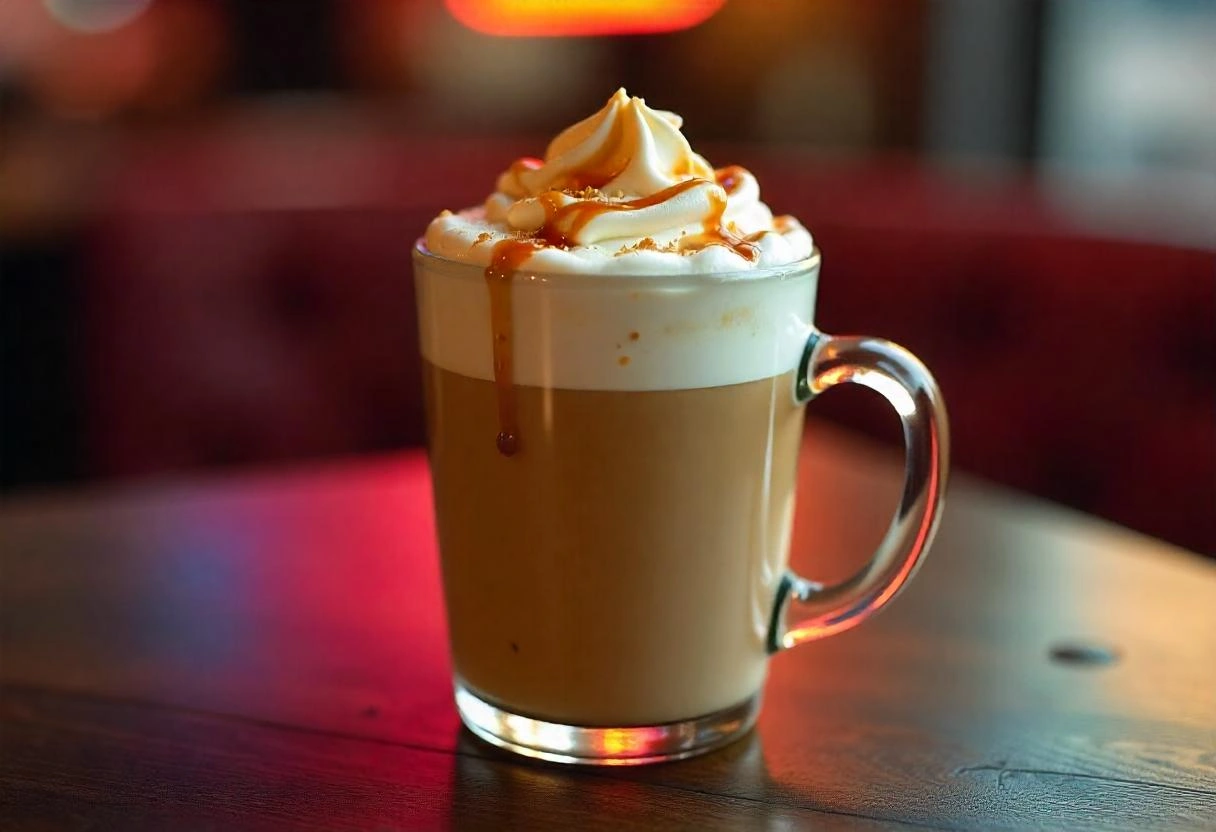 A caramel macchiato in a clear glass mug, topped with frothy milk and caramel drizzle