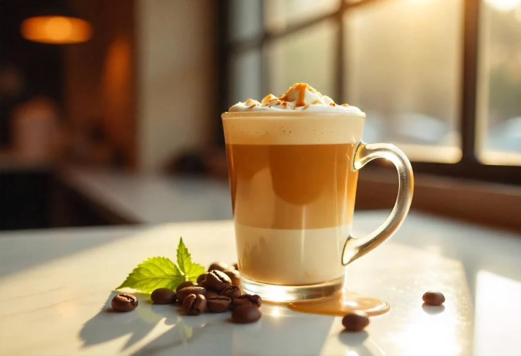 A cup of caramel macchiato surrounded by coffee beans and caramel sauce in a cozy café setting