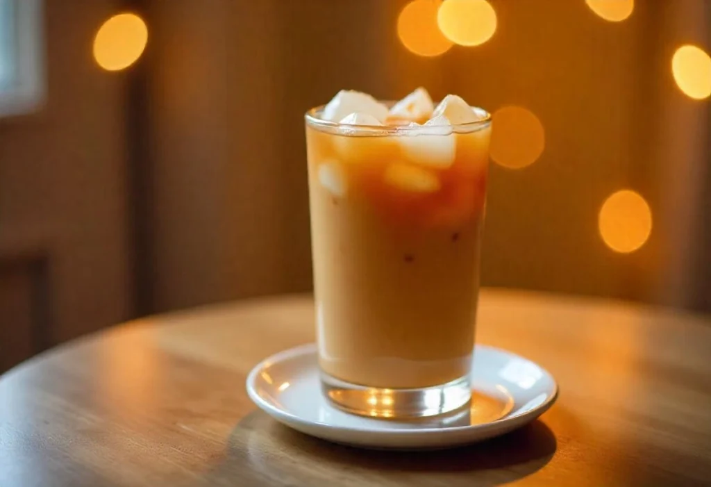 An iced caramel macchiato in a tall glass with caramel swirls and ice cubes